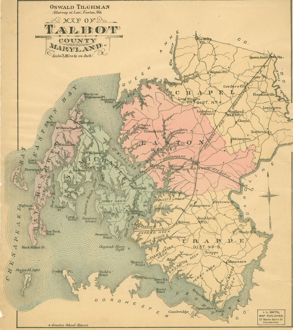 1870 Oswald Tilghman map of Talbot County, Maryland