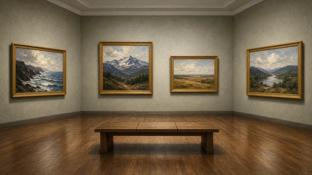 An empty museum gallery with four gold-framed landscape paintings of a rocky coast, a snowy mountain, a prairie and a river valley, and a wooden bench on a polished floor
