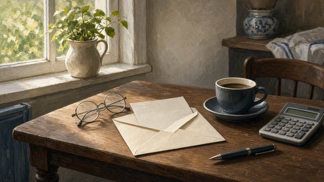 An opened envelope and folded letter on a wooden kitchen table beside reading glasses, a calculator, a pen and a cup of coffee near a sunny window