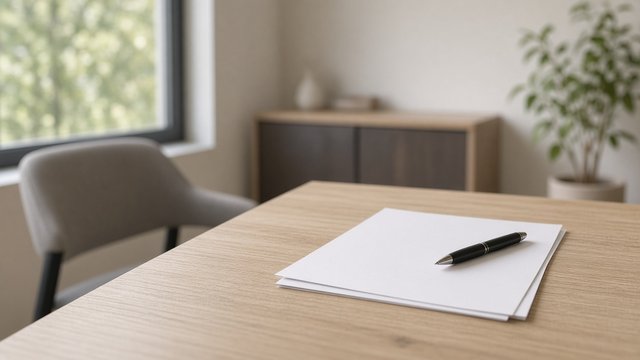 Quiet office table with a pen and blank planning forms in a hospice building
