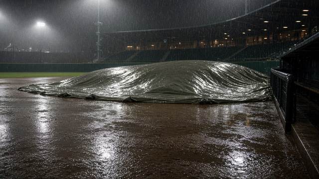 A tarp covers a rain-soaked baseball infield under stadium lights at night.
