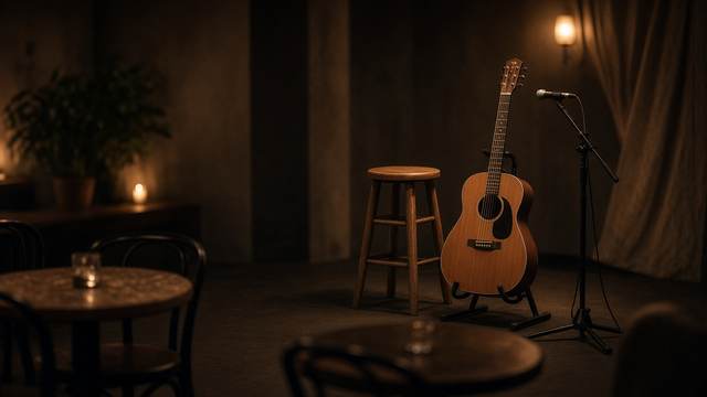 An acoustic guitar on a stand beside a wooden stool and microphone on a small, warmly lit listening-room stage.