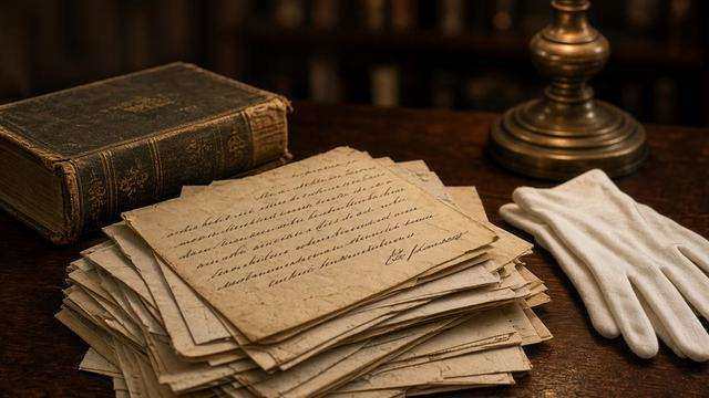 Nineteenth-century letters, cloth-bound book, and gloves on a library table