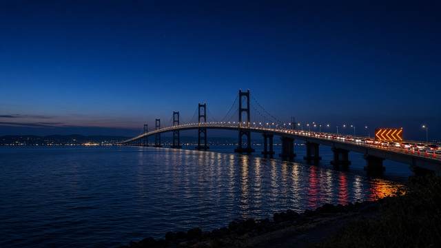 A long suspension bridge over a wide bay at dusk, with headlights and taillights on the roadway, a row of orange cones and a lit arrow board, and lights reflected on the water
