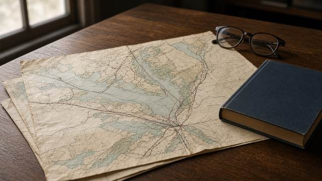 Old paper maps of Chesapeake Bay waterways and rail lines spread on a wooden table beside a closed hardcover book and reading glasses.