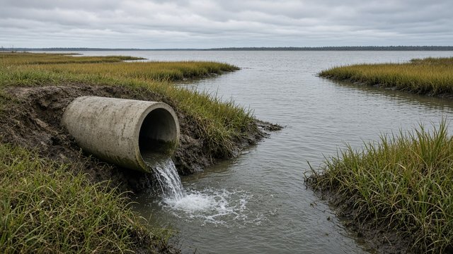 Stormwater pipe draining into a marsh-lined tidal creek on the Eastern Shore