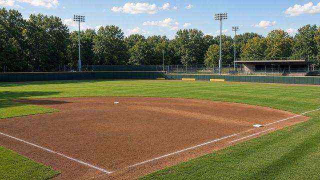 Double-A ballpark infield and outfield wall under afternoon light