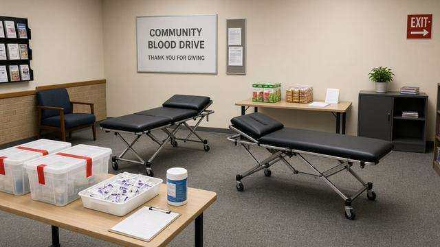 Empty library meeting room set with blood-drive cots and supply bins