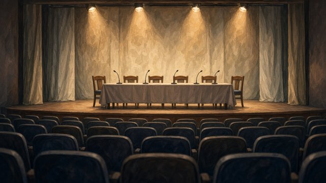 Empty theater stage with a row of chairs and microphones set for a panel