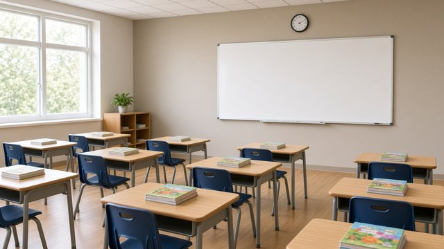 Empty elementary classroom with reading books stacked on small desks