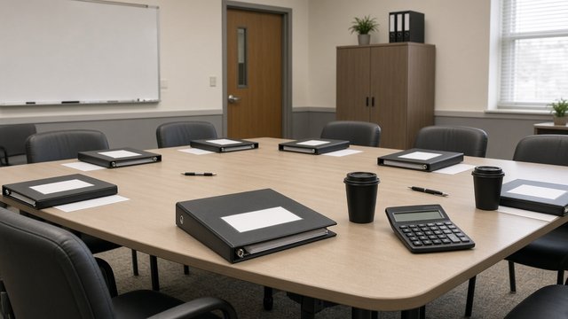 Conference table with budget binders and a calculator in a school district office