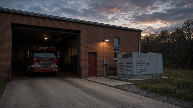 Volunteer firehouse bay doors at dusk on a rural road