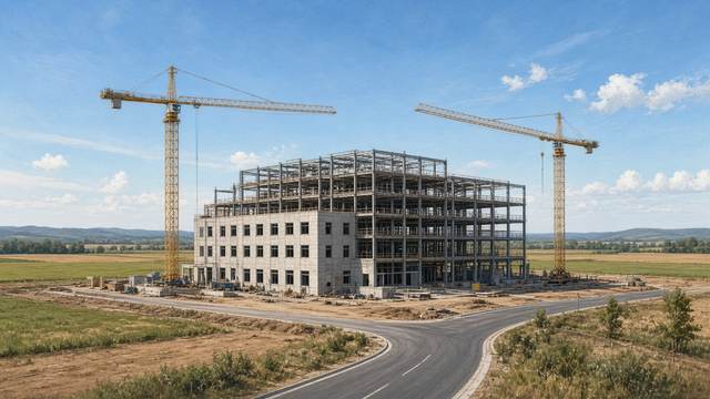 A large building under construction with exposed steel framing between two tower cranes, beside a new curving road and open fields