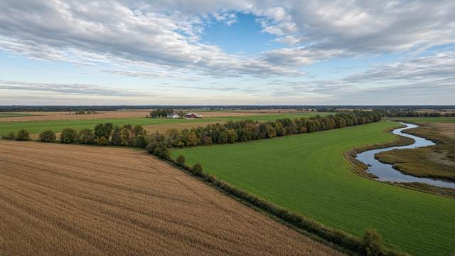 An aerial view of flat farmland with a harvested field, a green field and a hedgerow, a winding tidal creek and a white farmhouse and red barn in the distance under a cloudy sky