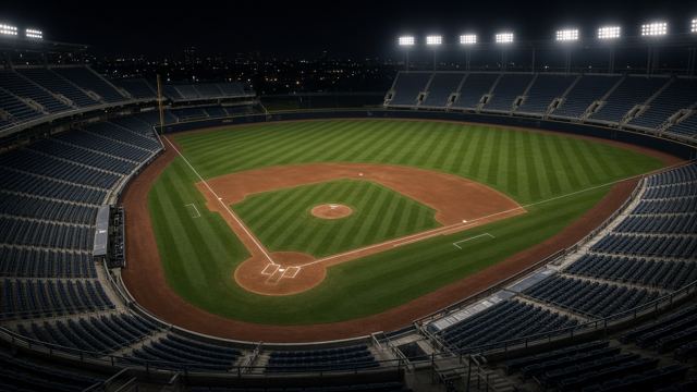 An empty major league ballpark at night under stadium lights.