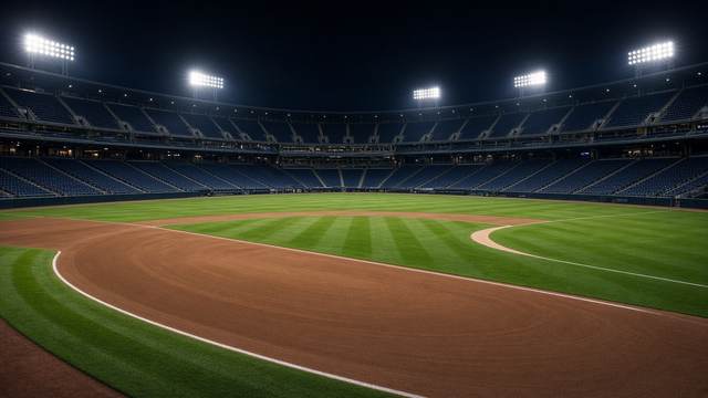 An empty major league ballpark infield at night under stadium lights.