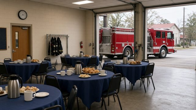 Folding tables with brochures and a sign-in sheet set up in a fire company hall