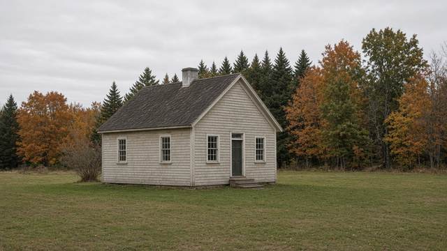 A small white frame house with a steep roof on a lawn in front of autumn trees.