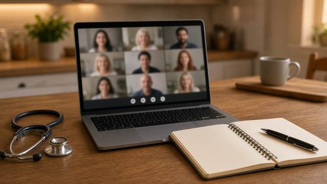 A laptop showing a video call on a kitchen table, beside a stethoscope and an open notebook with a pen