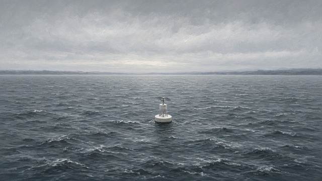 A white monitoring buoy with a small solar panel floats on choppy gray bay water under a heavy overcast sky