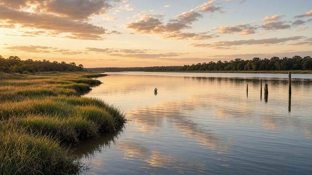 A wide, calm tidal river at sunset with marsh grass along the near bank, a small white buoy and a few weathered pilings, and a low tree line on the far shore