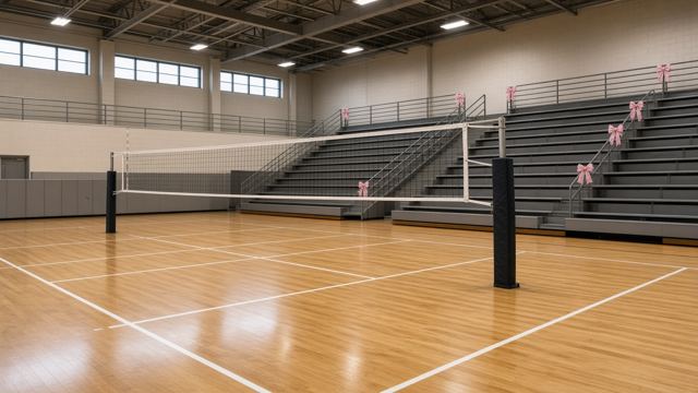 An empty college gym with a volleyball net and pink ribbons on the bleachers.