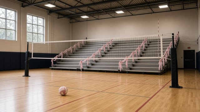 Empty college gym with a volleyball net set up on a hardwood court