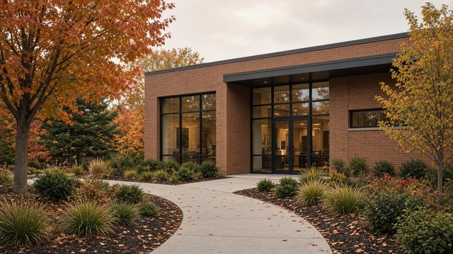 Exterior of a Mid-Shore community health clinic under autumn light