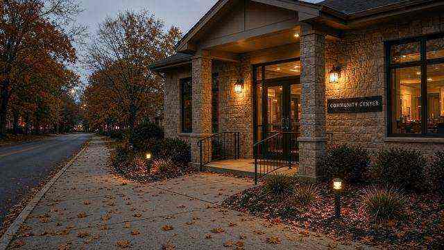 Community center entrance on Oxford Road at dusk