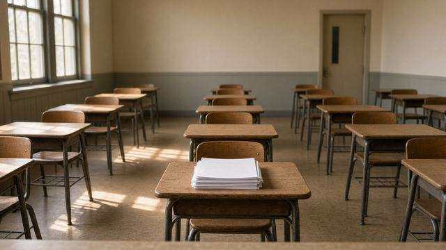 Teacher's-eye view of empty student desks in rows, test booklets on the front table