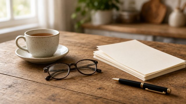 Printed community newsletter and reading glasses on a kitchen table beside a coffee mug