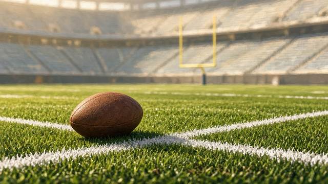 A football lies on stadium turf near a white yard line, with a yellow goalpost and empty stands behind it