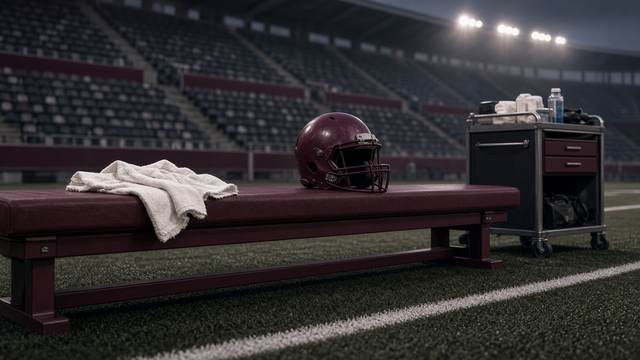 A burgundy football helmet and a white towel on an empty sideline bench beside a medical supply cart, with empty stadium stands under evening lights