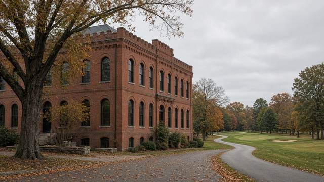 A red-brick former armory with arched windows beside a paved golf cart path curving past a green under fall trees