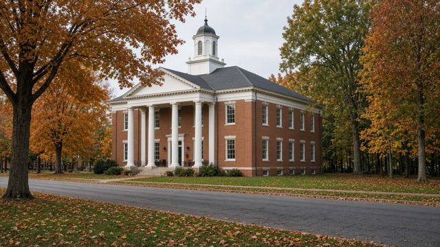 A brick courthouse with white columns in autumn.