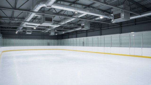 Empty indoor ice rink with large ductwork overhead