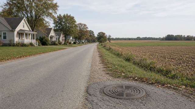 A rural road lined with houses on one side and a harvested field on the other, with a manhole cover in the paved shoulder