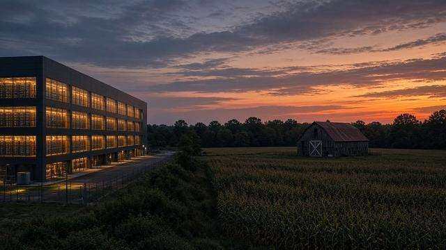 Server hall lights against a Talbot farm at dusk