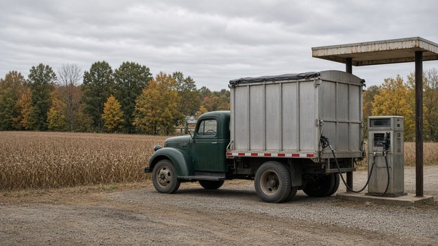 Grain truck parked beside a harvested soybean field on a two-lane road