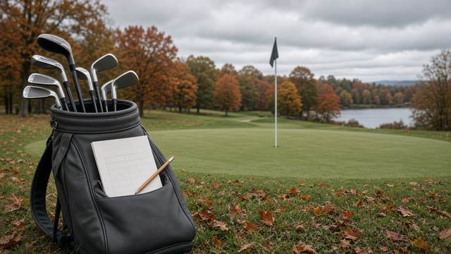 A golf bag with clubs and a scorecard beside a putting green on a gray fall day
