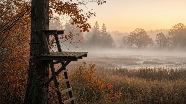 An empty wooden tree stand at the edge of a fall marsh and woodland at dawn.