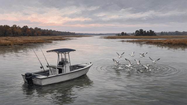 A small open fishing boat with two rods on a gray autumn river at dawn, with gulls diving at rippling water ahead and marsh grass along the shores