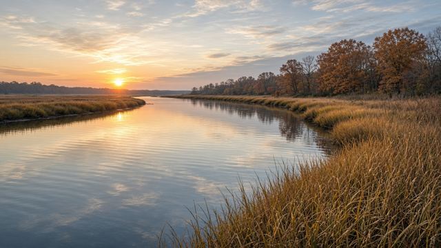 An empty Eastern Shore tidal river at sunrise, with marsh grass and calm water.