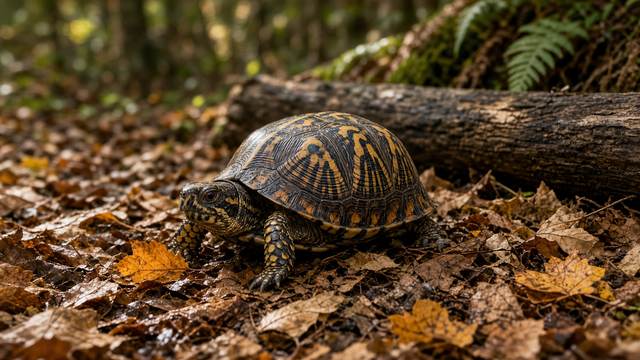 An eastern box turtle with a yellow-and-brown patterned shell on autumn leaf litter beside a fallen log and ferns
