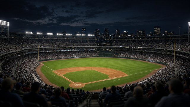 An open-air ballpark during a night playoff game