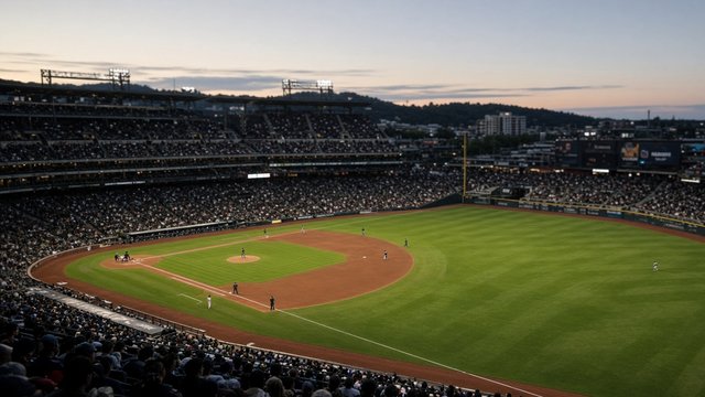 Photorealistic photo of an open-air ballpark on a clear early-evening, seen from the upper deck down the first-base line with the infield lit and the crowd in soft shadow, no signage legible