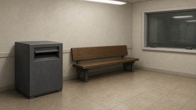 A dark gray metal drop box with a deposit slot against the wall of a quiet lobby, beside a wooden bench and a closed service window