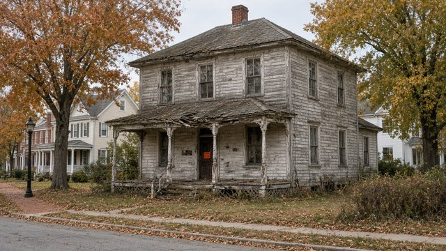 Older two-story frame house on a small-town side street under an overcast sky