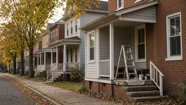 A row of brick and clapboard houses on a tree-lined street in autumn, with a stepladder and paint cans on one front porch