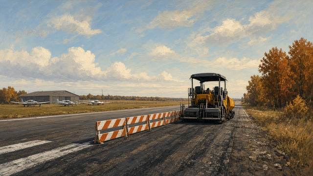Orange-and-white barricades and a paving machine on a worn runway, with small planes parked by a hangar and autumn trees